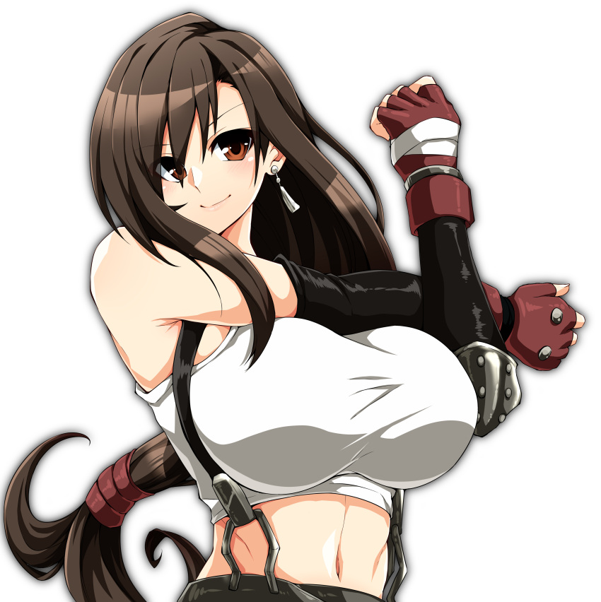 1girl absurdres bangs bare_shoulders breasts brown_eyes brown_hair commentary_request crop_top earrings elbow_gloves final_fantasy final_fantasy_vii final_fantasy_vii_remake fingerless_gloves gloves highres huge_breasts jewelry long_hair looking_at_viewer midriff muscular muscular_female navel red_gloves shangorilla simple_background smile solo stretch suspenders tank_top tifa_lockhart upper_body white_background white_tank_top