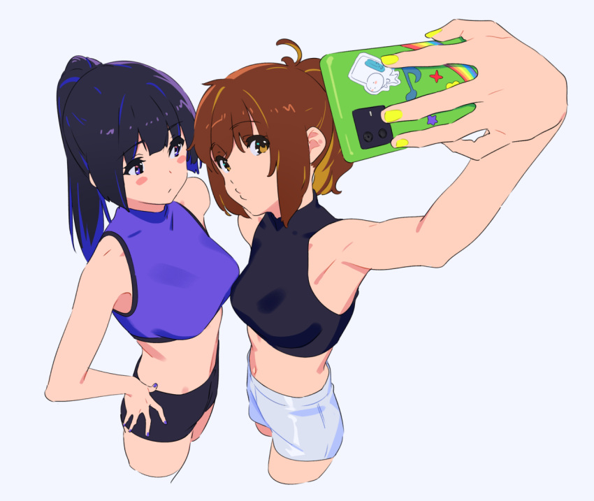 2girls bangs black_hair black_shirt black_shorts blush brown_eyes brown_hair closed_mouth commentary hand_on_hip hibike!_euphonium holding holding_phone kamo_kamen kousaka_reina long_hair looking_at_another medium_hair midriff multiple_girls nail_polish navel oumae_kumiko outstretched_arm phone ponytail purple_shirt selfie shirt shorts simple_background sleeveless standing violet_eyes white_background white_shorts