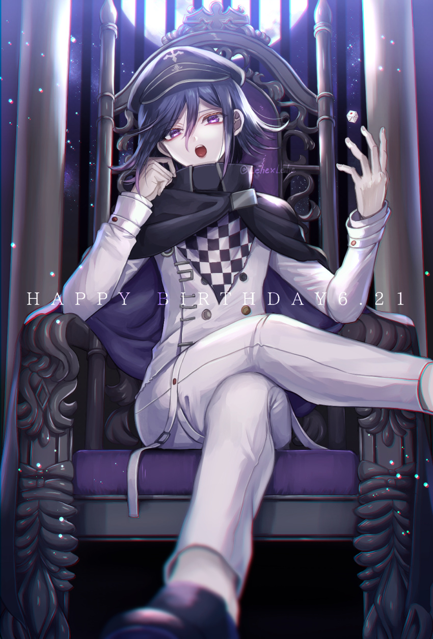 1boy bangs black_cape black_hair blurry buttons cape checkered checkered_scarf commentary_request crossed_legs dangan_ronpa_(series) dangan_ronpa_v3:_killing_harmony dated double-breasted hair_between_eyes hands_up happy_birthday highres jacket long_sleeves looking_at_viewer male_focus open_mouth ouma_kokichi pants purple_hair scarf shoes sitting solo straitjacket teeth throne two-sided_cape two-sided_fabric violet_eyes white_pants z-epto_(chat-noir86)