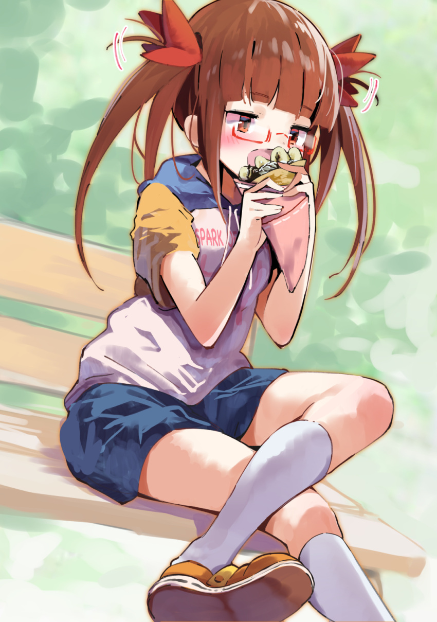 1girl bangs bench blue_skirt blush brown_eyes brown_footwear brown_hair clothes_writing commentary_request crepe crossed_legs drawstring eating english_text eyebrows_visible_through_hair food glasses hair_ribbon highres holding holding_food hood hood_down hoodie idolmaster idolmaster_cinderella_girls ikebukuro_akiha kneehighs lamb_(hitsujiniku) looking_away on_bench open_mouth park_bench red-framed_eyewear red_ribbon ribbon semi-rimless_eyewear shoe_soles shoes sitting sitting_on_bench skirt solo twintails under-rim_eyewear white_hoodie white_legwear