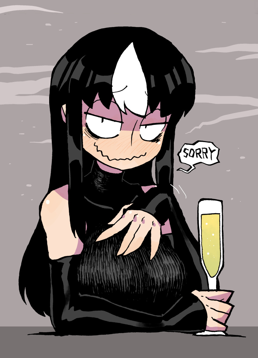 1girl absurdres alcohol black_dress black_gloves black_hair champagne dress drink elbow_gloves glasgow_smile gloves highres long_hair looking_at_viewer noss_(rariatto) original rariatto_(ganguri) rejection shaded_face smile speech_bubble upper_body vampire wavy_mouth white_hair