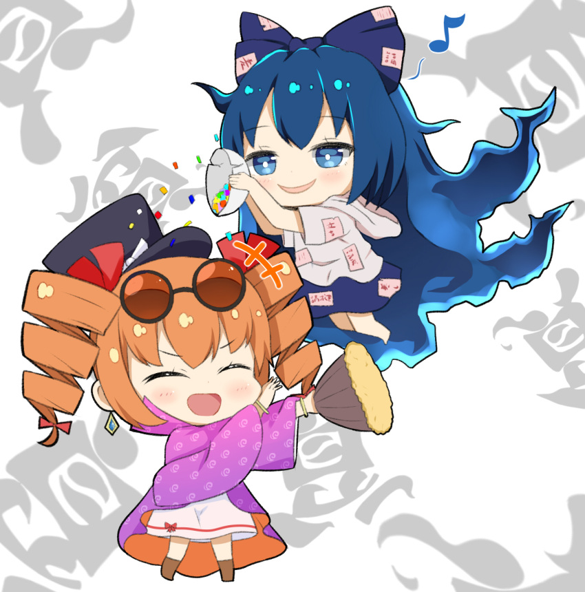 +++ 2girls blue_eyes blue_hair blush bright_pupils chibi closed_eyes coat confetti crys_(dai) dress drill_hair eyewear_on_head hat highres long_hair multiple_girls open_mouth orange_hair purple_coat siblings simple_background sisters smile top_hat touhou twin_drills twintails very_long_hair white_dress yorigami_jo'on yorigami_shion