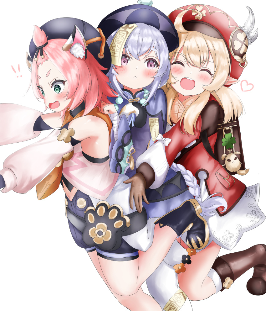 3girls :&lt; :d :o ^_^ ^o^ absurdres ahoge animal_ears armpits backpack bag bag_charm bandaged_arm bandages bangs bangs_pinned_back bead_necklace beads black_shorts blush boots brown_footwear brown_gloves cabbie_hat cat_ears cat_tail charm_(object) closed_eyes clover_print coat commentary detached_sleeves diona_(genshin_impact) dodoco_(genshin_impact) eyebrows_visible_through_hair eyes_visible_through_hair genshin_impact gloves green_eyes hair_between_eyes handbag hat hat_feather hat_ornament highres huge_filesize jewelry jiangshi klee_(genshin_impact) kuma_piv light_brown_hair long_hair looking_at_another looking_at_viewer low_twintails multiple_girls necklace ofuda open_mouth paw_print pink_hair pocket pointy_ears pushing qing_guanmao qiqi_(genshin_impact) randoseru red_coat red_headwear short_hair shorts sidelocks simple_background smile standing standing_on_one_leg tail thick_eyebrows thigh-highs thigh_boots twintails white_background white_gloves wide_sleeves