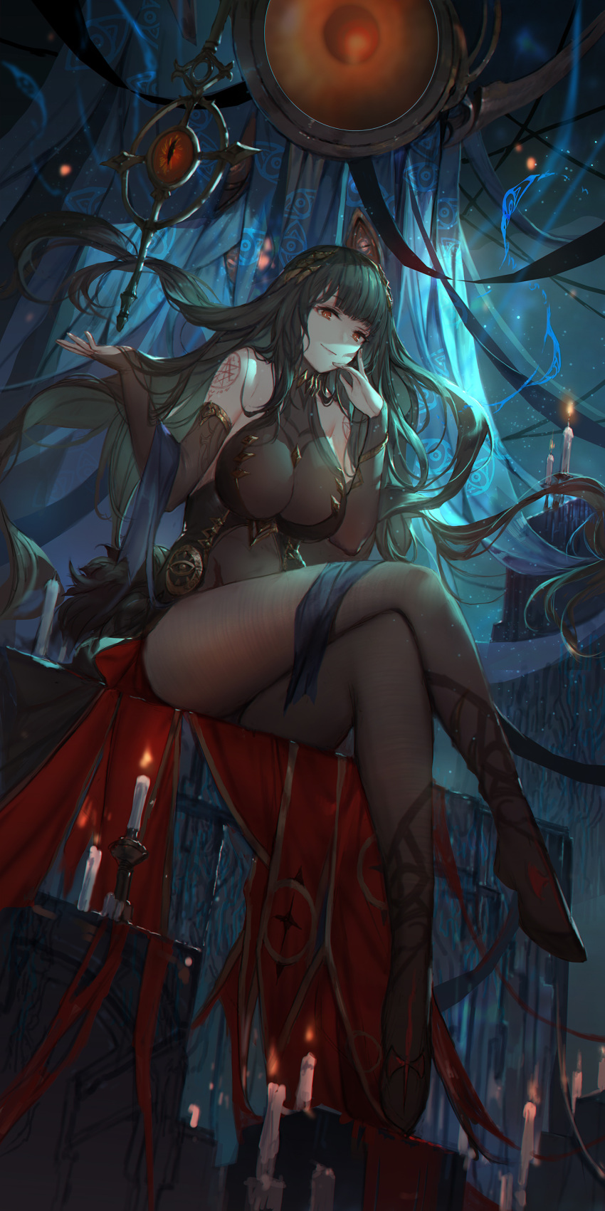 1girl absurdres bangs bare_shoulders bodysuit breasts candle character_request copyright_request crossed_legs finger_to_cheek fire flame floating floating_object green_hair hair_lift high_heels highres large_breasts long_hair see-through sitting smile smirk swd3e2 thighs