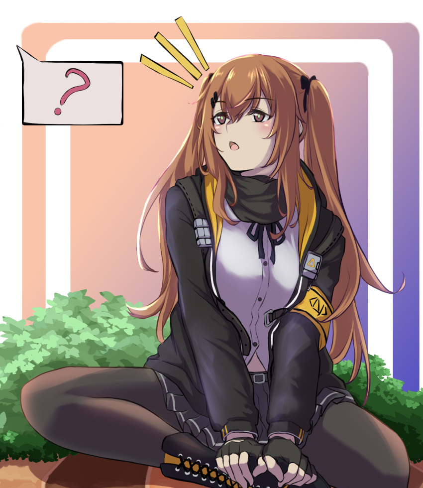 1girl 3_small_spiders ? bangs black_gloves black_jacket black_legwear black_scarf blush boots brown_eyes brown_hair eyebrows_visible_through_hair fingerless_gloves girls_frontline gloves hair_between_eyes hair_ribbon highres jacket long_hair long_sleeves notice_lines open_clothes open_jacket open_mouth pantyhose ribbon scarf shirt sitting solo spoken_question_mark twintails ump9_(girls_frontline) white_shirt