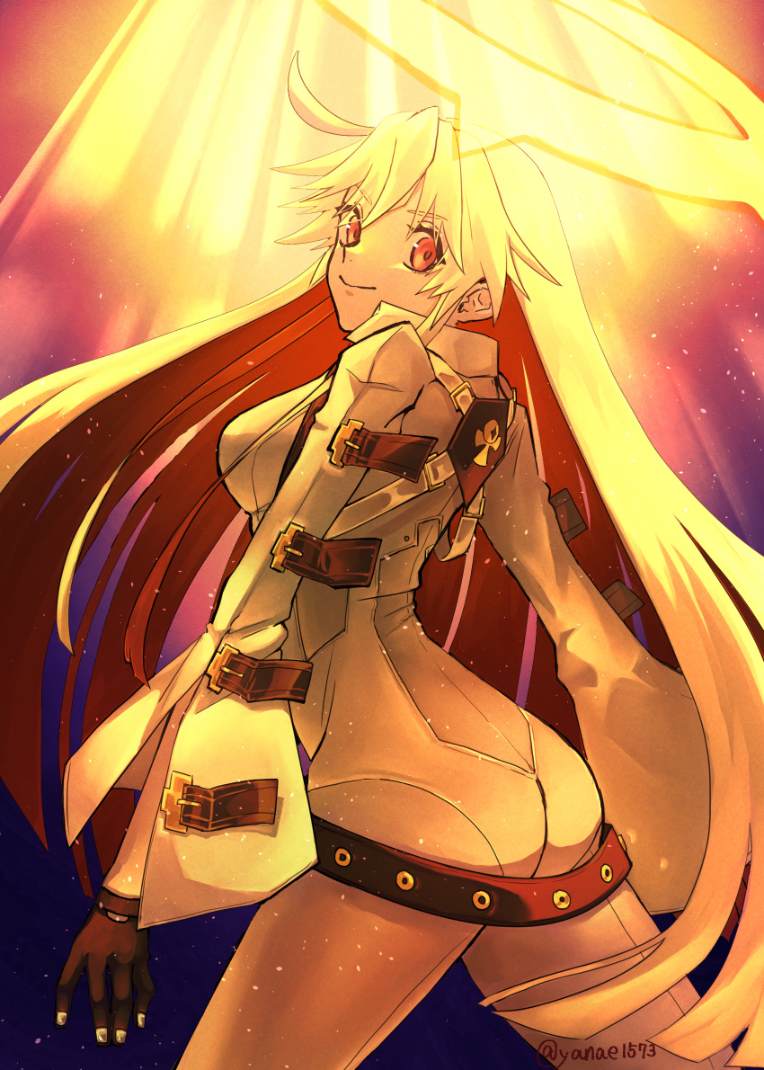 1girl absurdres ass bangs belt belt_buckle bodysuit buckle gloves guilty_gear guilty_gear_xrd halo highres jack-o'_valentine light long_hair looking_at_viewer multicolored_hair red_eyes smile two-tone_hair very_long_hair white_hair