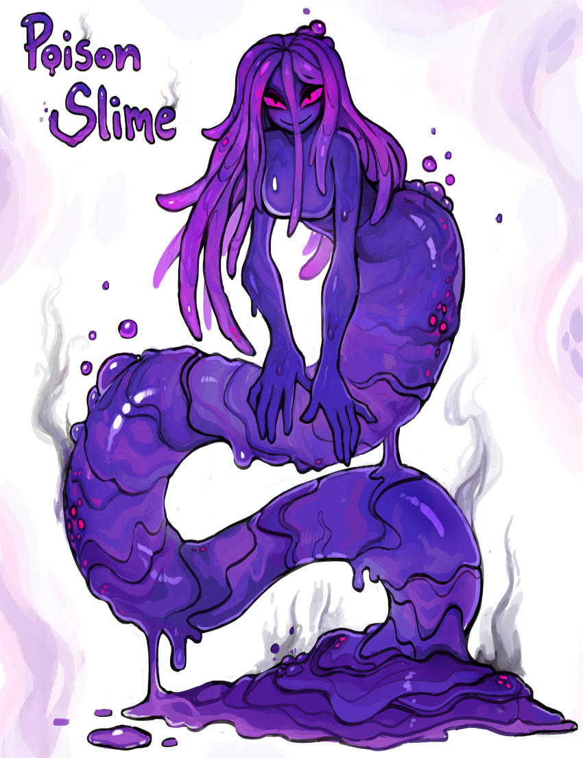 1girl absurdres breasts bubble core english_text evil_eyes evil_grin evil_smile full_body grin hair_between_eyes highres lamia long_hair looking_at_viewer matilda_fiship monster_girl original purple_slime slime_girl small_breasts smile smoke_trail solo violet_eyes white_background