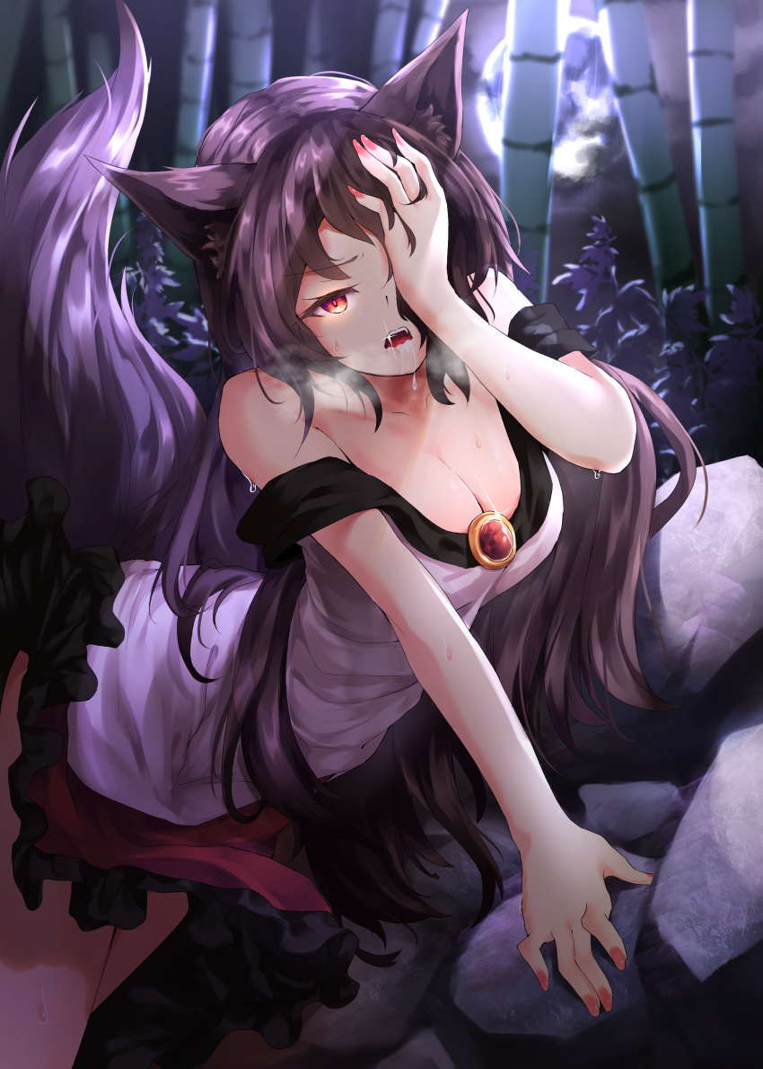 1girl absurdres adapted_costume animal_ear_fluff animal_ears bamboo bamboo_forest bare_shoulders breasts breath brooch brown_hair dress drooling fangs fingernails forest frills full_moon hand_over_eye highres imaizumi_kagerou jewelry long_fingernails long_hair looking_at_viewer moon nature off-shoulder_dress off_shoulder open_mouth red_eyes red_nails rock rushigi0 saliva solo tail touhou white_dress wolf_ears wolf_tail