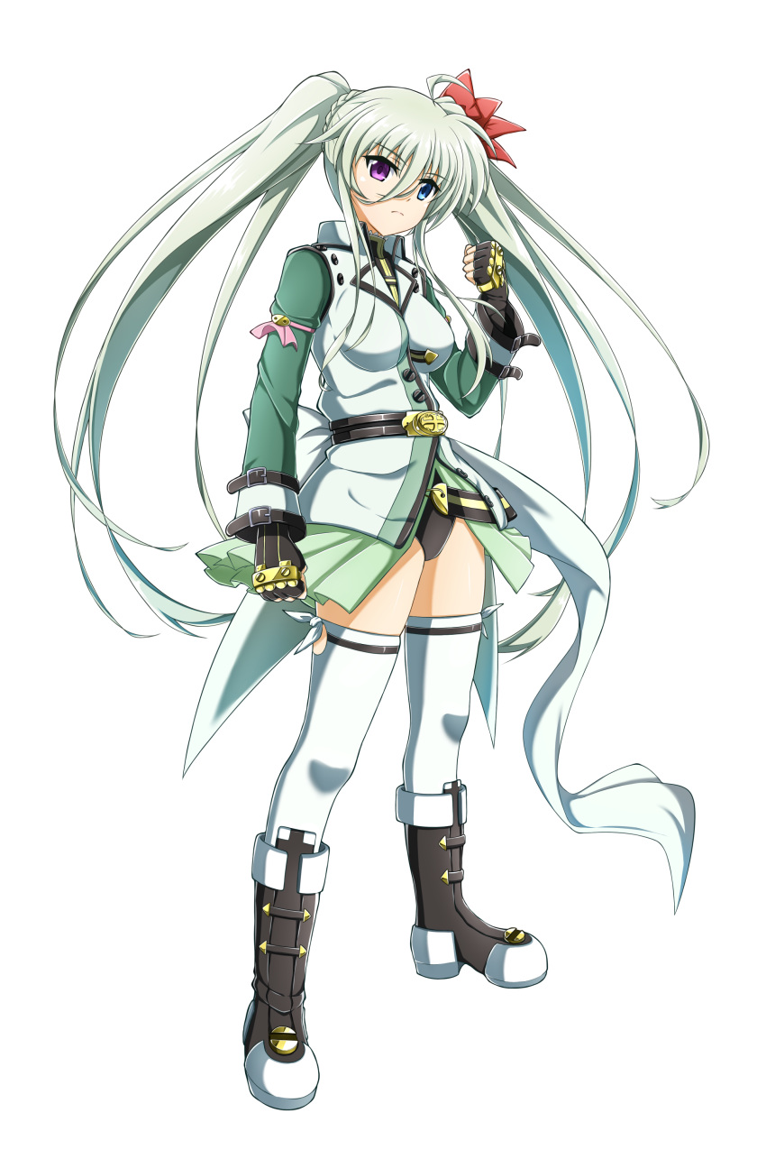 1girl absurdres ahoge bangs black_gloves black_leotard blue_eyes boots breasts closed_mouth einhart_stratos eyebrows_visible_through_hair fingerless_gloves floating_hair frown full_body gloves green_sleeves hair_between_eyes heterochromia highres leotard long_hair long_sleeves lyrical_nanoha mahou_shoujo_lyrical_nanoha_vivid medium_breasts oshimaru026 shiny shiny_hair showgirl_skirt silver_hair simple_background solo standing thigh-highs twintails very_long_hair violet_eyes white_background white_legwear