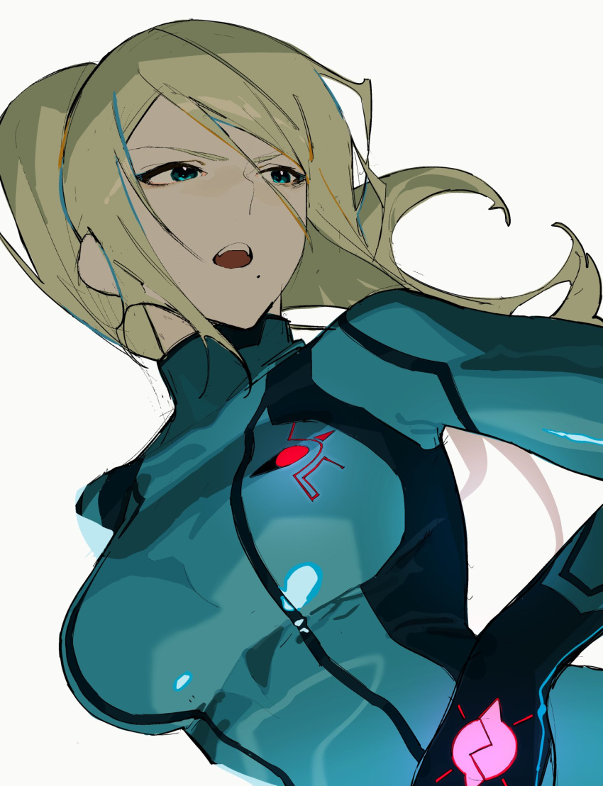 1girl bangs blonde_hair blue_bodysuit blue_eyes bodysuit breasts high_ponytail highres large_breasts long_hair metroid mole mole_under_mouth open_mouth ponytail samus_aran simple_background solo souitiroukirari upper_body white_background