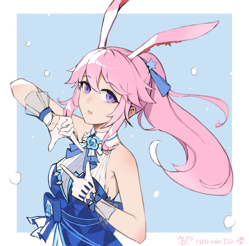 1girl absurdres alternate_costume alternate_hairstyle animal_ears armpits bangs bare_shoulders blue_background blue_dress dress fled fox_ears gloves hair_between_eyes highres honkai_(series) honkai_impact_3rd long_hair looking_at_viewer open_mouth pink_hair ponytail solo violet_eyes white_background white_gloves yae_sakura yae_sakura_(goushinnso_memento)