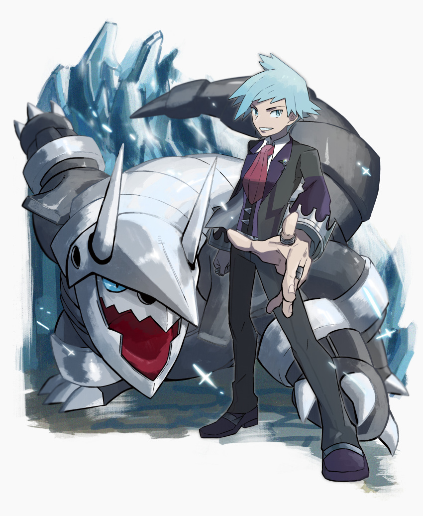 1boy absurdres aggron bangs black_pants blue_hair clenched_hand collared_shirt gen_3_pokemon highres huge_filesize jacket jewelry kokesa_kerokero legs_apart long_sleeves looking_at_viewer male_focus necktie pants parted_lips perspective pokemon pokemon_(game) pokemon_oras purple_footwear purple_neckwear ring shirt shoes short_hair smile sparkle spiky_hair standing steven_stone white_shirt