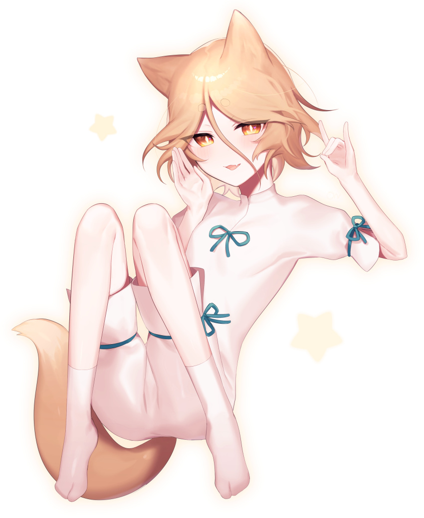 absurdres animal_ears arm_up bangs blonde_hair bow eyebrows_visible_through_hair eyes_visible_through_hair fox_ears fox_tail green_bow hair_between_eyes hands_up highres jumpsuit kudamaki_tsukasa looking_at_viewer nemachi open_mouth short_sleeves simple_background sitting smile socks star_(symbol) tail touhou unconnected_marketeers white_background white_jumpsuit white_legwear white_sleeves yellow_eyes