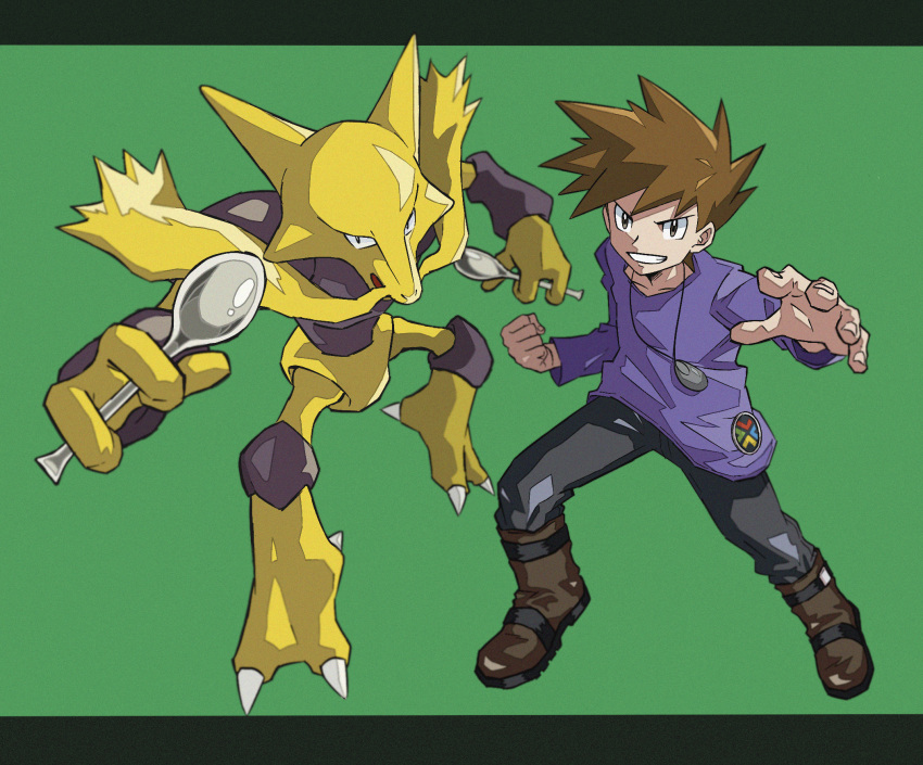 1boy alakazam bangs blue_oak boots brown_footwear brown_hair clenched_hand gen_1_pokemon green_background grey_pants grin highres holding holding_spoon jewelry kokesa_kerokero letterboxed long_sleeves male_focus necklace pants pokemon pokemon_(creature) pokemon_(game) pokemon_rgby purple_shirt shirt short_hair simple_background smile spiky_hair spoon teeth