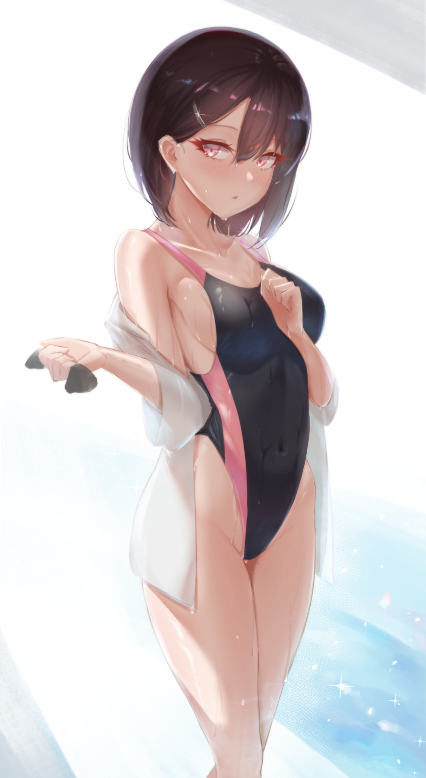 1girl absurdres backlighting bangs black_swimsuit blush breasts brown_hair can_zhu collarbone competition_swimsuit covered_navel dripping groin hair_between_eyes hair_ornament hairclip hand_on_own_chest hands_up highleg highleg_swimsuit highres holding legs_together looking_at_viewer off_shoulder one-piece_swimsuit open_clothes open_shirt original parted_lips pool poolside shirt short_hair sideboob small_breasts solo standing swim_cap swim_cap_removed swimsuit swimsuit_under_clothes wet wet_clothes wet_swimsuit white_shirt