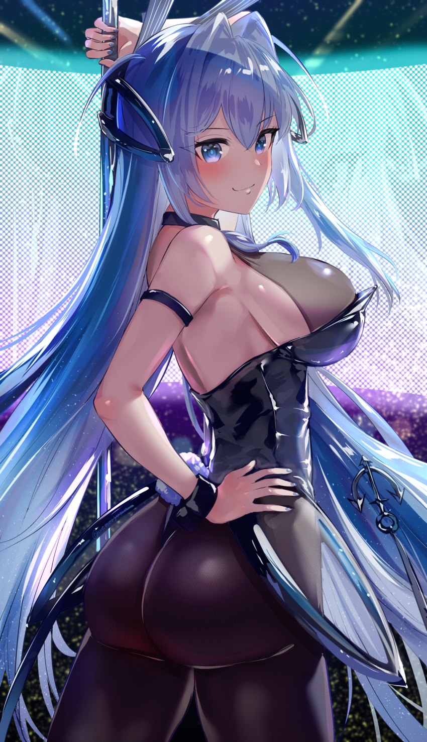 1girl anchor_ornament animal_ears ass azur_lane bangs bare_shoulders black_leotard blue_eyes blue_hair blush breasts bunny_tail fake_animal_ears highleg highleg_leotard highres large_breasts leotard long_hair looking_at_viewer new_jersey_(azur_lane) playboy_bunny rabbit_ears smile solo stripper_pole tail thighs uenoryoma