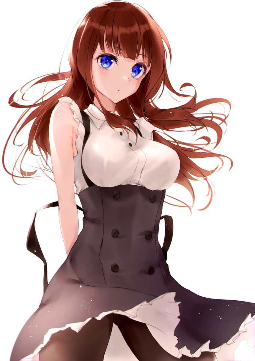 1girl absurdres assault_lily bare_shoulders black_legwear blue_eyes blush breasts brown_hair dress eyebrows_visible_through_hair frilled_dress frills highres kaede_johan_nouvel large_breasts long_hair looking_at_viewer meen_(ouaughikepdvrsf) open_mouth pantyhose school_uniform shiny shiny_hair simple_background solo white_background yurigaoka_girls_academy_school_uniform