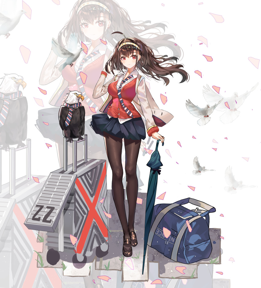 1girl absurdres animal azur_lane bag bald_eagle beige_jacket bird black_legwear black_skirt breasts brown_hair cardigan closed_umbrella clothed_animal duffel_bag eagle hand_in_hair highres holding holding_umbrella independence_(azur_lane) independence_(new_transfer_student)_(azur_lane) liangyimo long_hair looking_at_viewer low_neckline luggage medium_breasts miniskirt necktie official_alternate_costume pantyhose partially_unbuttoned pleated_skirt red_cardigan red_eyes rolling_suitcase shirt skirt solo umbrella untucked_shirt
