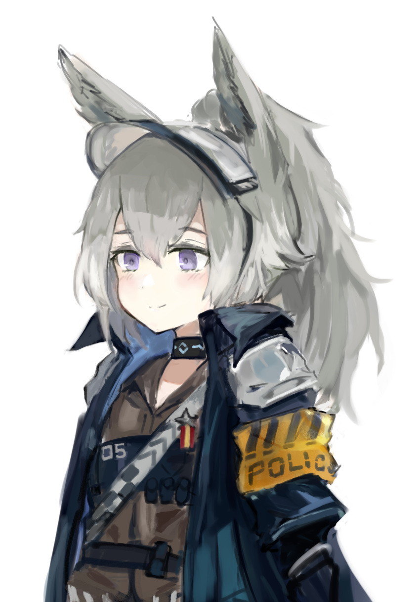 1girl animal_ears arknights armband brown_shirt gnai grani_(arknights) grey_hair highres horse_ears horse_girl infection_monitor_(arknights) jacket long_hair looking_away open_clothes open_jacket police police_uniform shirt simple_background smile solo uniform upper_body violet_eyes visor_cap weapon white_background