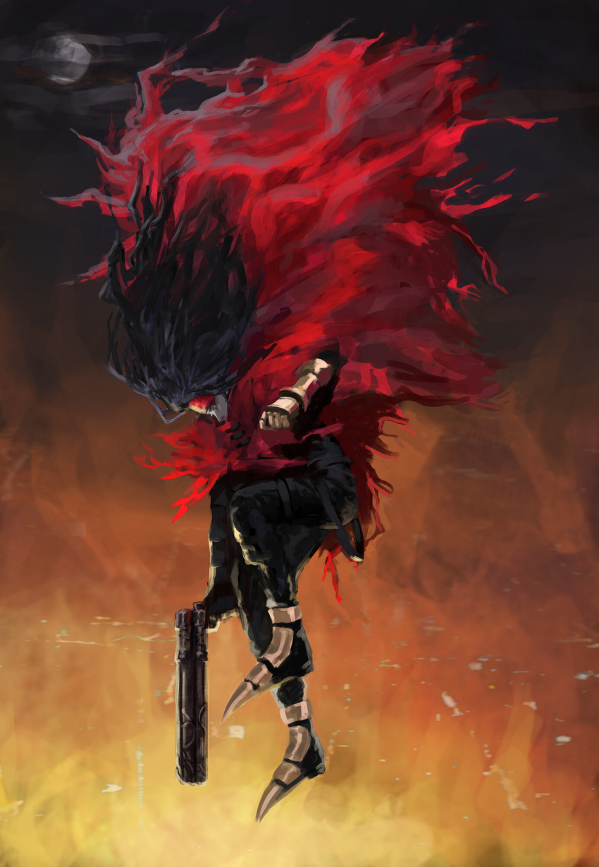 1boy black_hair clawed_gauntlets cloak fallen_down final_fantasy final_fantasy_vii gloves headband hidden_mouth highres long_hair messy_hair monserratcohen pale_skin pointed_footwear red_cloak red_eyes red_headband revolver torn_clothes vincent_valentine