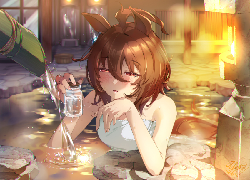 1girl absurdres agnes_tachyon_(umamusume) animal_ears bamboo bangs blurry blush breasts brown_hair depth_of_field eyebrows_visible_through_hair hair_between_eyes head_rest highres horse_ears horse_girl horse_tail in_water large_breasts long_hair medium_hair naked_towel ogino_atsuki onsen parted_lips red_eyes smile solo tail towel umamusume upper_body water