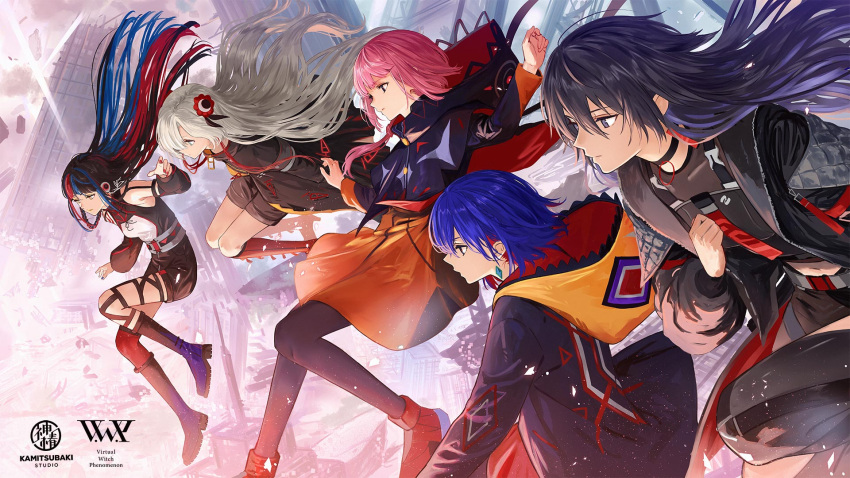 5girls asymmetrical_legwear blue_hair boots building capelet choker city coat colored_inner_hair detached_sleeves earrings expressionless floating hair_ornament hand_on_own_chest harusaruhi highres hood hood_down hooded_capelet hooded_jacket isekai_joucho isshiki_(ffmania7) jacket jewelry kaf_(kamitsubaki_studio) kamitsubaki_studio knee_boots koko_(kamitsubaki_studio) light_particles long_hair multicolored multicolored_eyes multicolored_hair multiple_girls official_art open_clothes open_jacket pantyhose parted_lips pink_hair red_footwear redhead rim_(kamitsubaki_studio) ruins science_fiction short_hair shorts side_ponytail sidelocks silver_hair two-tone_hair virtual_youtuber