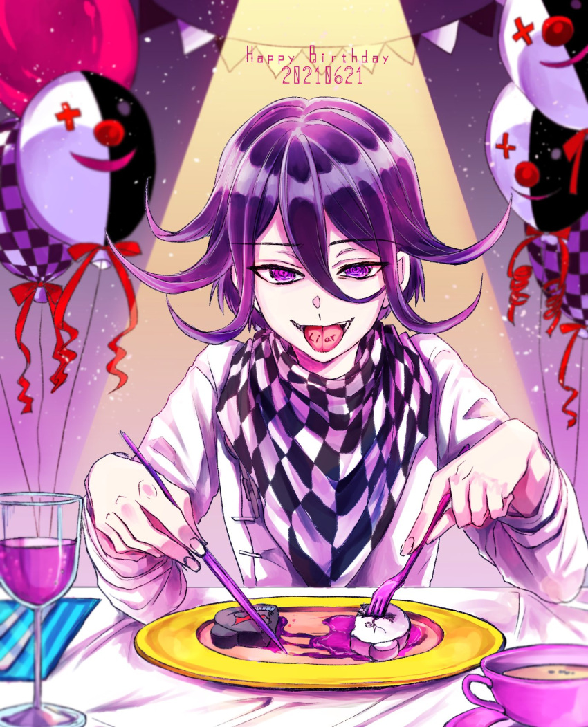 1boy balloon bangs checkered checkered_scarf commentary_request cup dangan_ronpa_(series) dangan_ronpa_v3:_killing_harmony dated drinking_glass fork grey_jacket hair_between_eyes happy_birthday highres indoors jacket knife long_sleeves looking_at_viewer male_focus monokuma open_mouth ouma_kokichi plate purple_hair scarf smile solo straitjacket table teacup tongue tongue_out violet_eyes zuki_(nakikitune)
