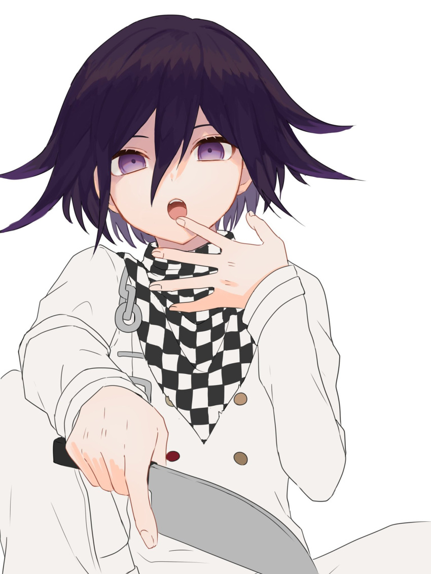 1boy bangs black_hair buttons checkered checkered_scarf commentary_request dangan_ronpa_(series) dangan_ronpa_v3:_killing_harmony double-breasted hair_between_eyes highres holding jacket knife long_sleeves looking_at_viewer mado_hara male_focus open_mouth ouma_kokichi purple_hair scarf simple_background solo straitjacket upper_body upper_teeth violet_eyes white_background white_jacket