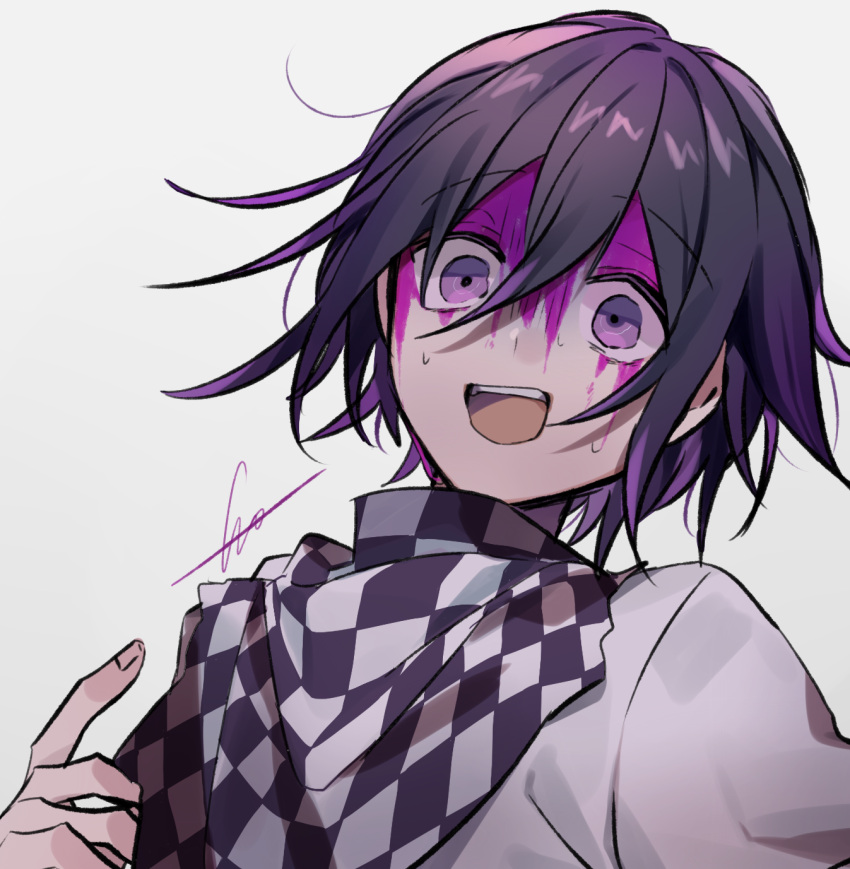1boy :d bangs black_hair blood blood_on_face checkered checkered_background checkered_neckwear checkered_scarf commentary_request dangan_ronpa_(series) dangan_ronpa_v3:_killing_harmony grey_background grey_jacket hair_between_eyes hand_up highres huyuharu0214 jacket looking_at_viewer male_focus open_mouth ouma_kokichi pink_blood purple_hair scarf shiny shiny_hair signature simple_background smile solo upper_body upper_teeth violet_eyes