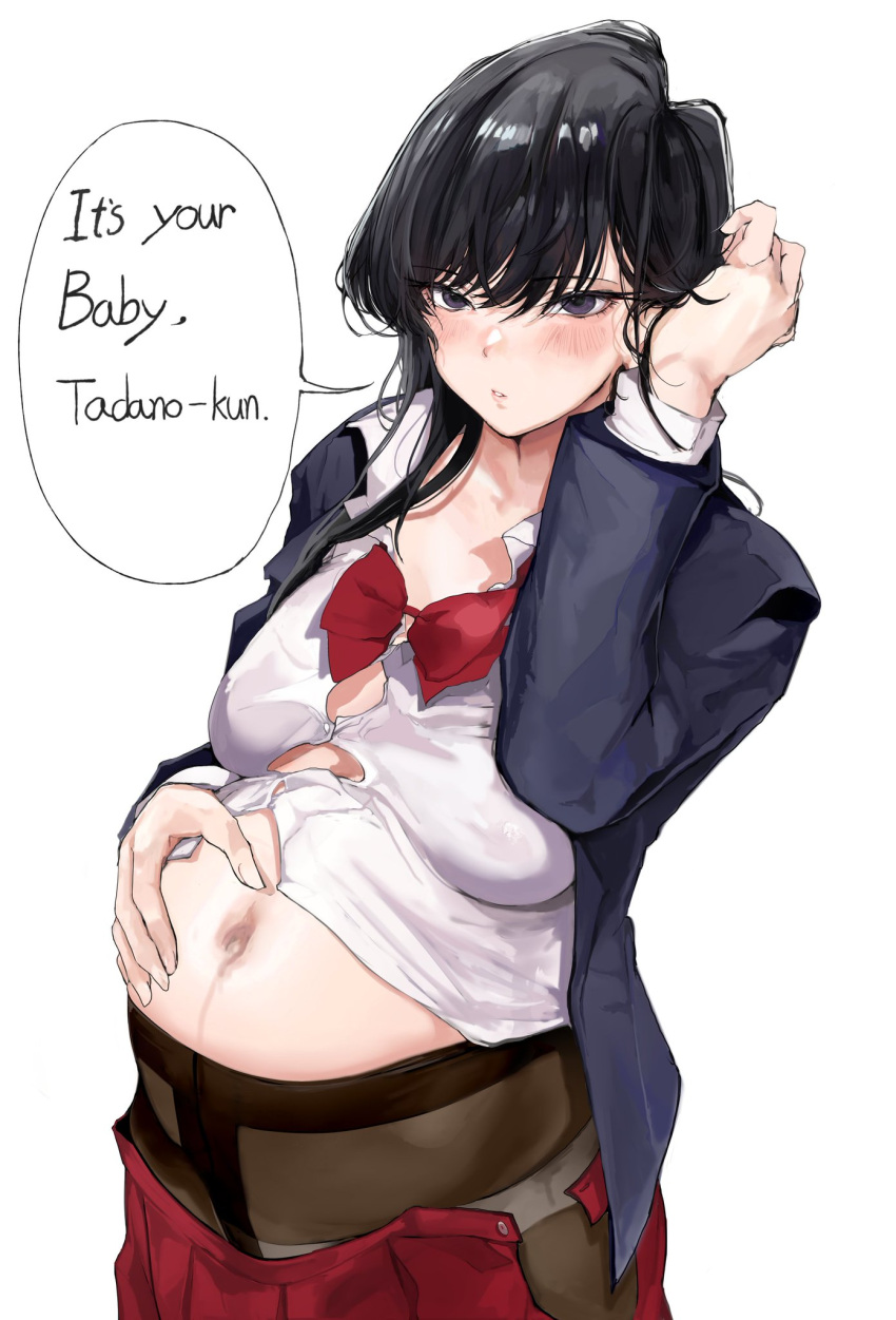 1girl bangs black_hair blush breasts brown_legwear buttons english_text eyelashes grey_eyes hair_between_eyes hand_on_own_stomach hand_up highres jacket komi-san_wa_komyushou_desu komi_shouko long_hair long_sleeves mamimi_(mamamimi) md5_mismatch navel panties pantyhose parted_lips pregnant school_uniform shirt solo speech_bubble underwear white_shirt