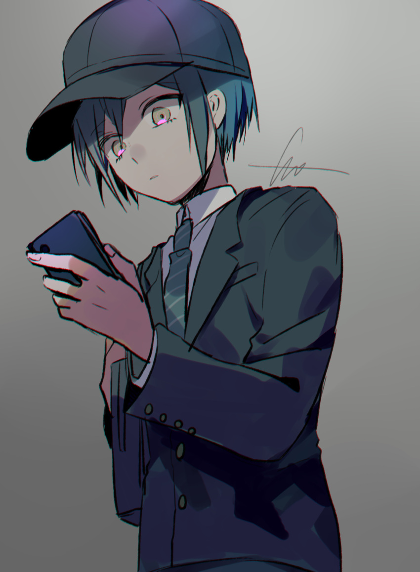 1boy bangs black_hair black_headwear black_jacket brown_eyes cellphone commentary_request dangan_ronpa_(series) dangan_ronpa_v3:_killing_harmony gradient gradient_background grey_background hat highres holding holding_phone huyuharu0214 jacket long_sleeves looking_at_phone male_focus necktie official_alternate_costume phone saihara_shuuichi shirt signature simple_background smartphone solo striped striped_neckwear upper_body white_shirt