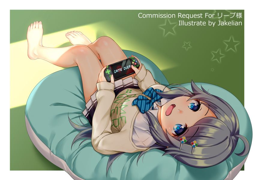 1girl ahoge bangs barefoot black_skirt blue_bow blue_eyes bow brown_sweater collared_shirt commentary_request commission diagonal_stripes dress_shirt eyebrows_visible_through_hair full_body grey_hair handheld_game_console holding inohara_koboshi jakelian long_sleeves looking_at_viewer lying on_back ongeki open_mouth pixiv_request pleated_skirt puffy_long_sleeves puffy_sleeves shirt skirt sleeves_past_wrists solo star_(symbol) striped striped_bow sweater swept_bangs white_shirt