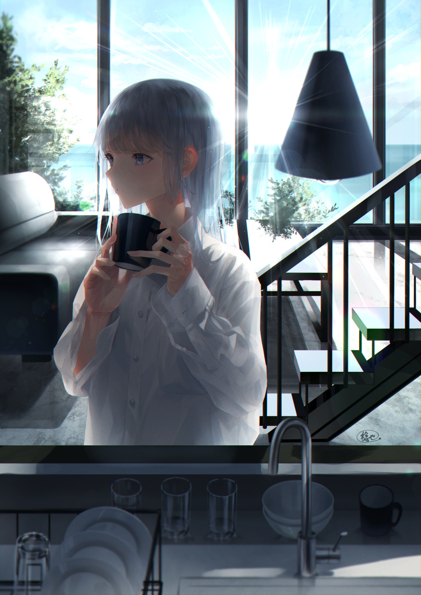 1girl absurdres bangs blue_eyes blush borrowed_garments closed_mouth collared_shirt couch cup grey_hair highres holding holding_cup huge_filesize indoors long_hair long_sleeves nyaon_oekaki ocean original plate shirt silver_hair sink solo stairs sunlight tree water white_shirt window