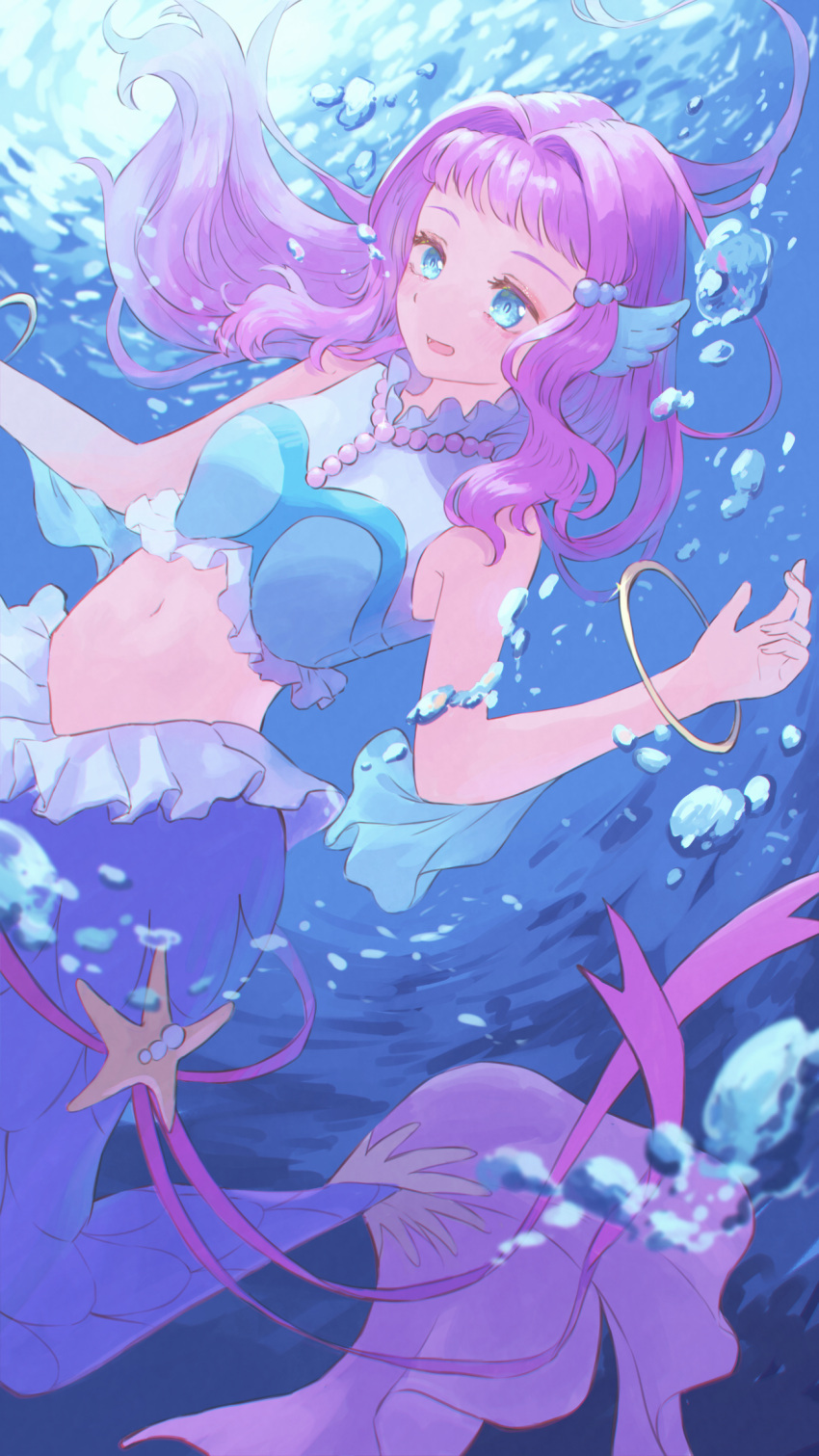 1girl :d air_bubble aqua_shirt bare_shoulders blue_eyes blunt_bangs blush bracelet breasts bubble commentary fins floating_hair frilled_shirt frills hair_intakes hair_ornament head_fins highres jewelry laura_la_mer long_hair medium_breasts mermaid midriff monster_girl multicolored_shirt navel necklace open_mouth pearl_hair_ornament pink_hair precure shirt sidelocks smile solo tropical-rouge!_precure underwater yamabuki_(yamabuki_xxxxx)