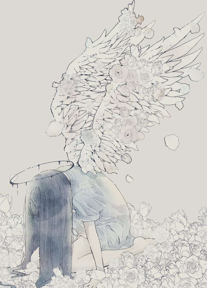 1girl angel angel_wings bare_legs barefoot black_hair feathered_wings flower full_body grey_background grey_shirt halo highres long_hair original shirt short_sleeves simple_background solo toaruocha white_flower white_wings wings