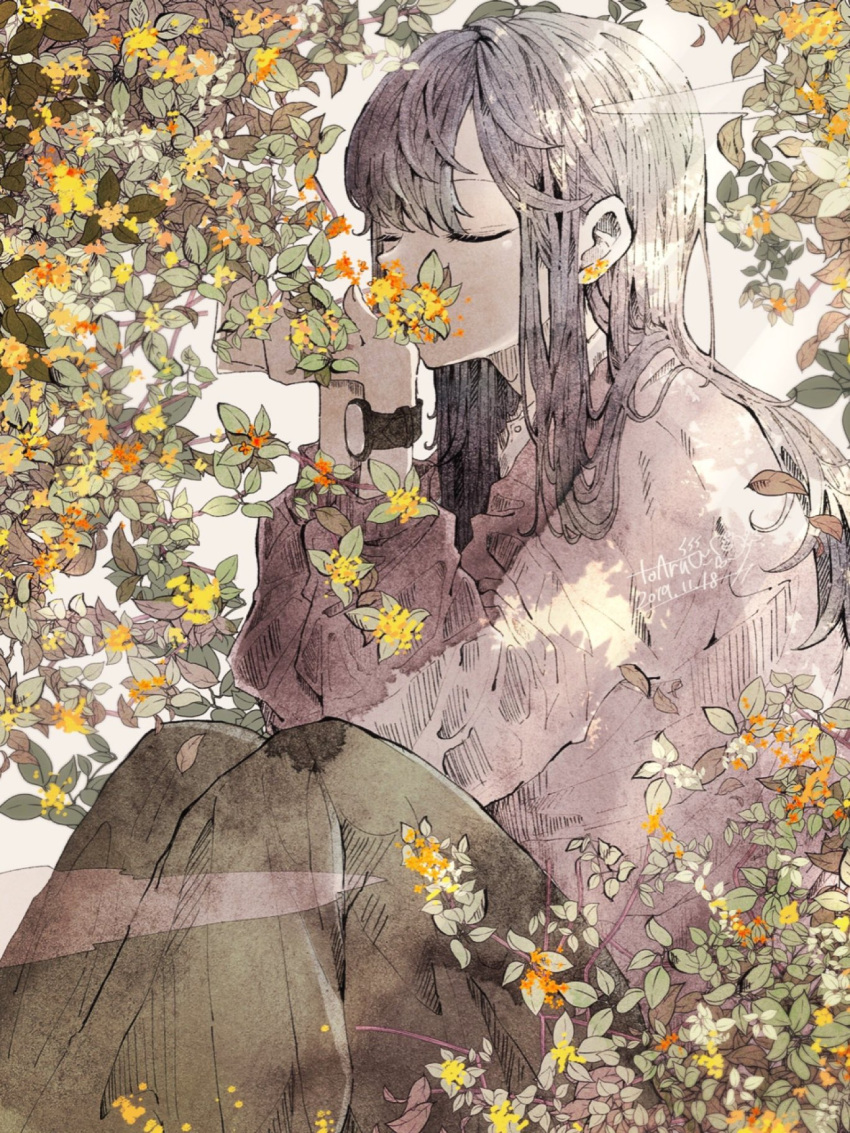 1girl bangs closed_eyes earrings flower flower_earrings grey_hair highres jewelry knees_up leaf long_hair long_sleeves original plant purple_shirt shirt solo toaruocha upper_body watch watch yellow_flower