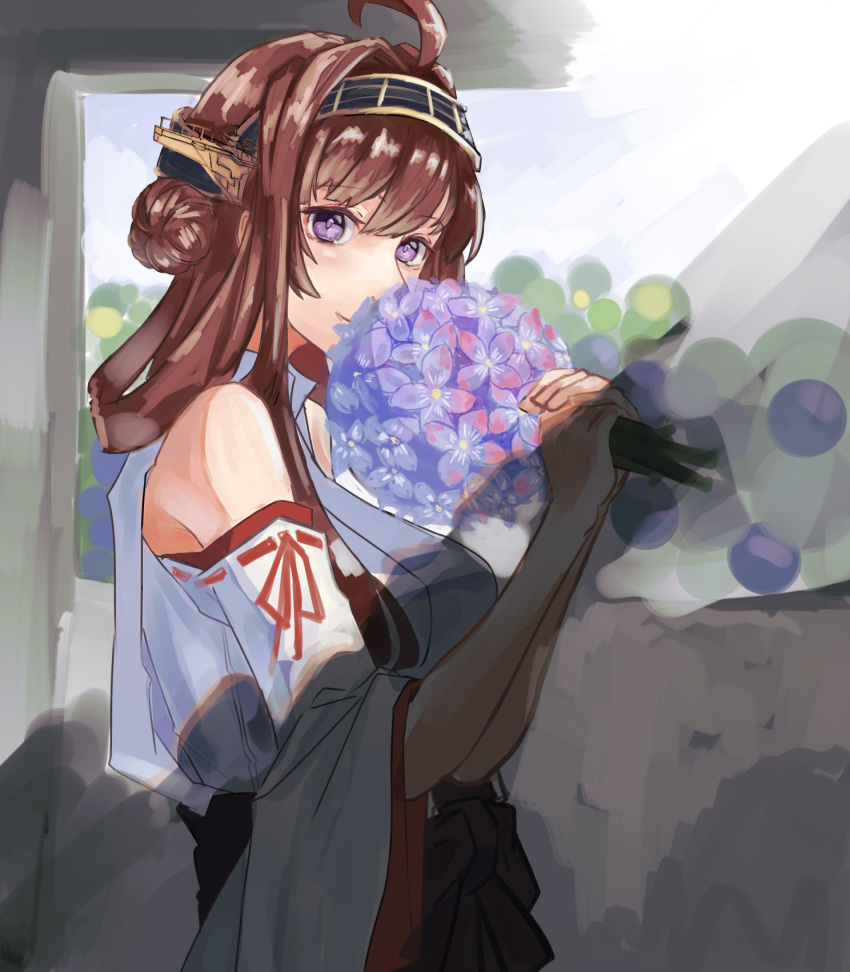 1girl ahoge brown_hair commentary_request cowboy_shot detached_sleeves double_bun hairband headgear highres japanese_clothes kantai_collection kongou_(kancolle) long_hair panda_(heart_sink) popped_collar remodel_(kantai_collection) ribbon-trimmed_sleeves ribbon_trim smelling solo violet_eyes