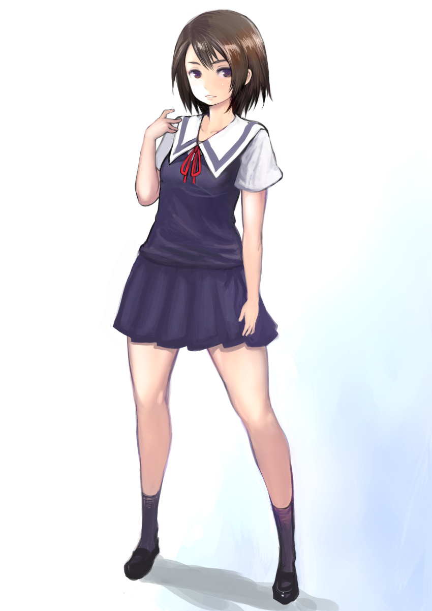 1girl black_footwear breasts brown_hair collarbone full_body hand_up highres johan_(johan13) kazama_akira legs_apart miniskirt pleated_skirt purple_legwear purple_skirt purple_vest red_ribbon ribbon rival_schools sailor_collar school_uniform seijyun_jogakuen_uniform serafuku shadow shirt shoes short_hair short_sleeves skirt skirt_set small_breasts socks solo standing vest violet_eyes white_sailor_collar white_shirt