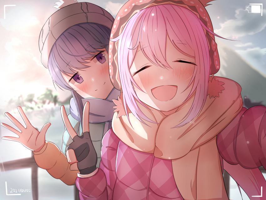 2girls :d bangs battery_indicator blue_hair blurry blurry_background blush closed_eyes closed_mouth coat commentary dated dfd english_commentary fingerless_gloves gloves hair_between_eyes hand_up hat highres kagamihara_nadeshiko long_hair long_sleeves looking_at_viewer multiple_girls open_hand open_mouth orange_scarf outdoors pink_coat pink_hair purple_scarf scarf selfie shima_rin smile sunlight upper_body v viewfinder violet_eyes winter_clothes winter_coat yurucamp