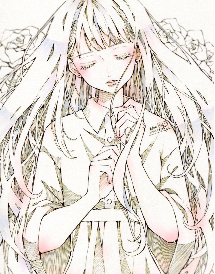 1girl bangs blunt_bangs closed_eyes collared_dress dated dress earrings flower highres jewelry long_hair long_sleeves original parted_lips signature solo toaruocha upper_body white_dress white_flower white_hair