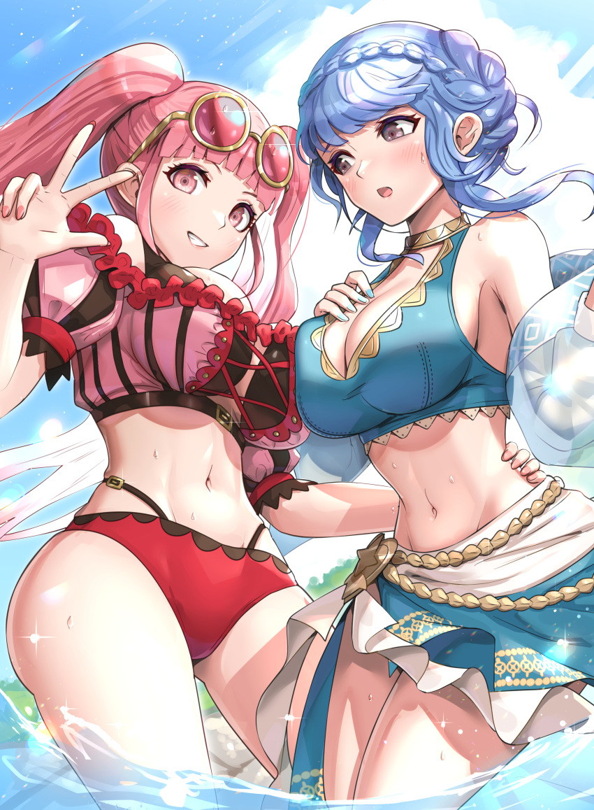 2girls absurdres alternate_costume bangs bikini black_swimsuit blue_bikini blue_hair blue_swimsuit blunt_bangs blush braid breasts clouds commentary_request crown_braid eyewear_on_head fire_emblem fire_emblem:_three_houses fire_emblem_heroes frilled_bikini frills gold_trim gonzarez hand_on_another's_hip hand_on_own_chest hand_up highres hilda_valentine_goneril long_hair looking_at_viewer looking_away marianne_von_edmund multiple_girls open_mouth pink_eyes pink_hair pink_swimsuit shawl sidelocks sky smile sunglasses swimsuit teeth thighs twintails w wading water