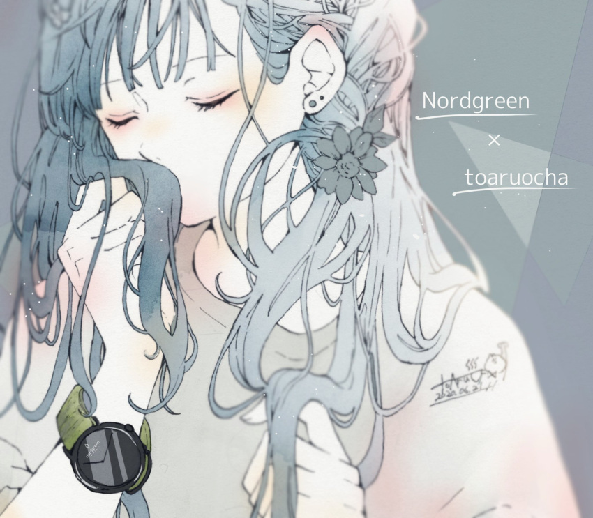 1girl artist_name bangs blush closed_eyes copyright_name covering_mouth dated earrings flower grey_flower grey_shirt hair_behind_ear hair_flower hair_ornament hands_up highres jewelry nordgreen original shirt signature solo toaruocha watch watch