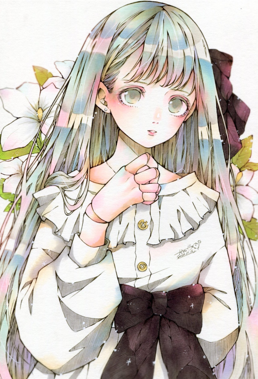 1girl black_bow black_ribbon bow doll_joints earrings flower frilled_shirt frills grey_eyes grey_hair hair_behind_ear hair_ribbon highres jewelry joints leaf long_hair long_sleeves looking_at_viewer original parted_lips puffy_long_sleeves puffy_sleeves ribbon shirt simple_background smile solo toaruocha very_long_hair white_background white_flower white_shirt