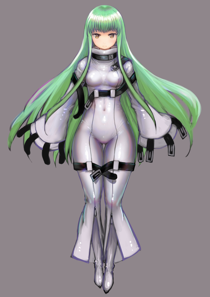 1girl absurdres ass_visible_through_thighs bangs bodysuit breasts bright_pupils brown_eyes brown_pupils c.c. closed_mouth code_geass covered_navel covered_nipples eyebrows_visible_through_hair facing_viewer frown full_body green_hair grey_background highres johan_(johan13) long_hair long_sleeves looking_at_viewer sidelocks simple_background sleeves_past_fingers sleeves_past_wrists small_breasts solo straitjacket thigh_gap very_long_hair