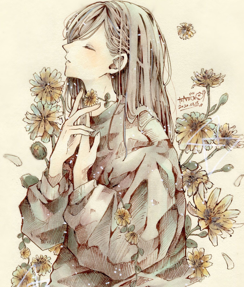 1girl black_shirt blush closed_eyes dated flower hands_up highres long_sleeves original petals plant puffy_long_sleeves puffy_sleeves shirt signature simple_background solo toaruocha upper_body yellow_background yellow_flower