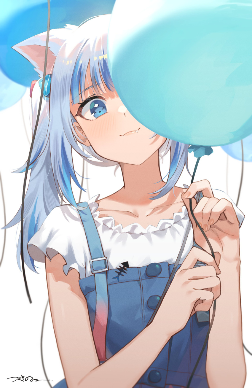 1girl absurdres animal_ears balloon bangs blue_eyes blue_hair blunt_bangs cat_ears closed_mouth collarbone commentary english_commentary gawr_gura hair_ornament highres holding holding_balloon hololive hololive_english looking_at_viewer multicolored_hair side_ponytail signature simple_background smile solo tsukino_(nakajimaseiki) two-tone_hair upper_body virtual_youtuber white_background white_hair