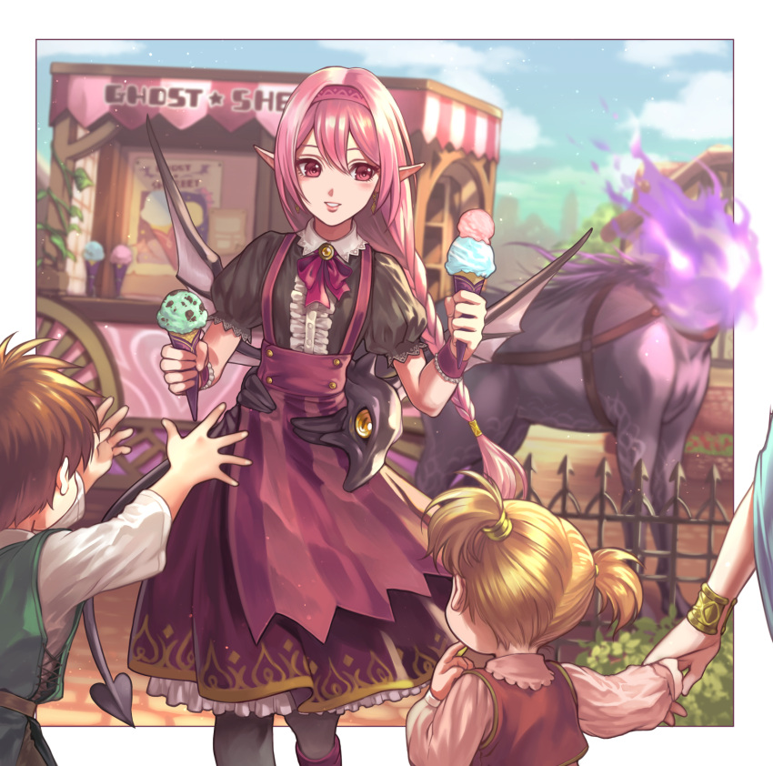 1boy 2girls black_skirt blonde_hair braid brown_hair child day dullahan elto_0079 english_text fantasy food food_stand from_behind headless highres ice_cream ice_cream_cone ice_cream_stand long_hair multiple_girls original out_of_frame pink_hair pink_skirt pointy_ears shinigami short_sleeves skirt suspender_skirt suspenders tagme yatai