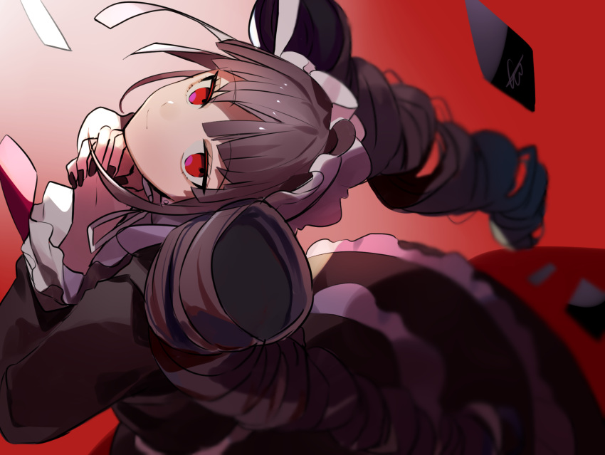 1girl bangs black_hair black_nails blurry blurry_foreground bonnet celestia_ludenberg dangan_ronpa:_trigger_happy_havoc dangan_ronpa_(series) depth_of_field drill_hair frilled_skirt frills gothic_lolita gradient gradient_background grey_background hands_up highres huyuharu0214 layered_skirt lolita_fashion long_hair long_sleeves looking_at_viewer necktie own_hands_together red_background red_eyes signature skirt smile solo symbol_commentary twin_drills twintails