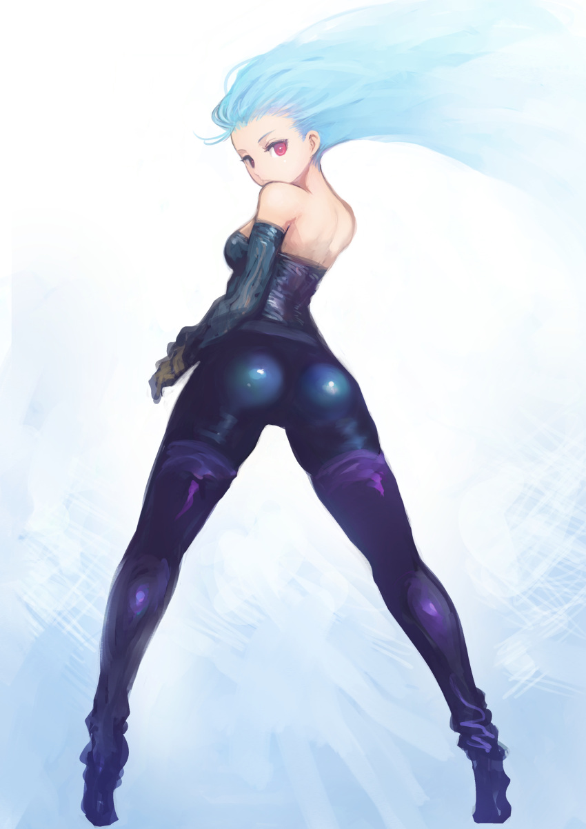 1girl ass bare_shoulders blue_hair boots breasts closed_mouth floating_hair from_behind highres johan_(johan13) kula_diamond long_hair looking_at_viewer looking_back purple_footwear red_eyes small_breasts solo the_king_of_fighters thigh-highs thigh_boots tiptoes