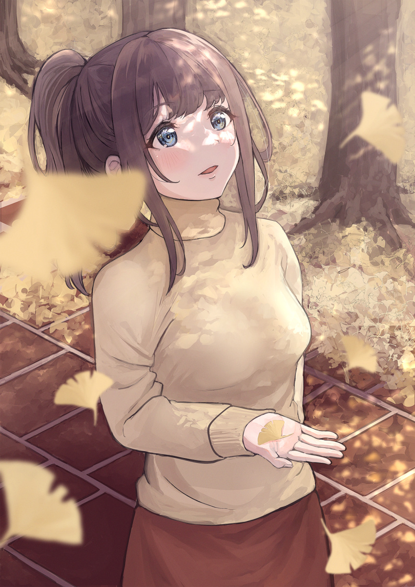 1girl arhah autumn autumn_leaves bangs beige_sweater blue_eyes blunt_bangs blush breasts brick_road brown_hair brown_skirt commentary dappled_sunlight hand_up highres leaf long_sleeves looking_away looking_up maple_leaf medium_breasts medium_hair open_mouth original parted_bangs ponytail skirt solo sunlight sweater tree turtleneck turtleneck_sweater upper_body